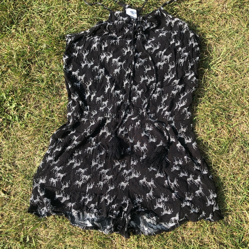 Old Navy Black Romper with White Horse Print